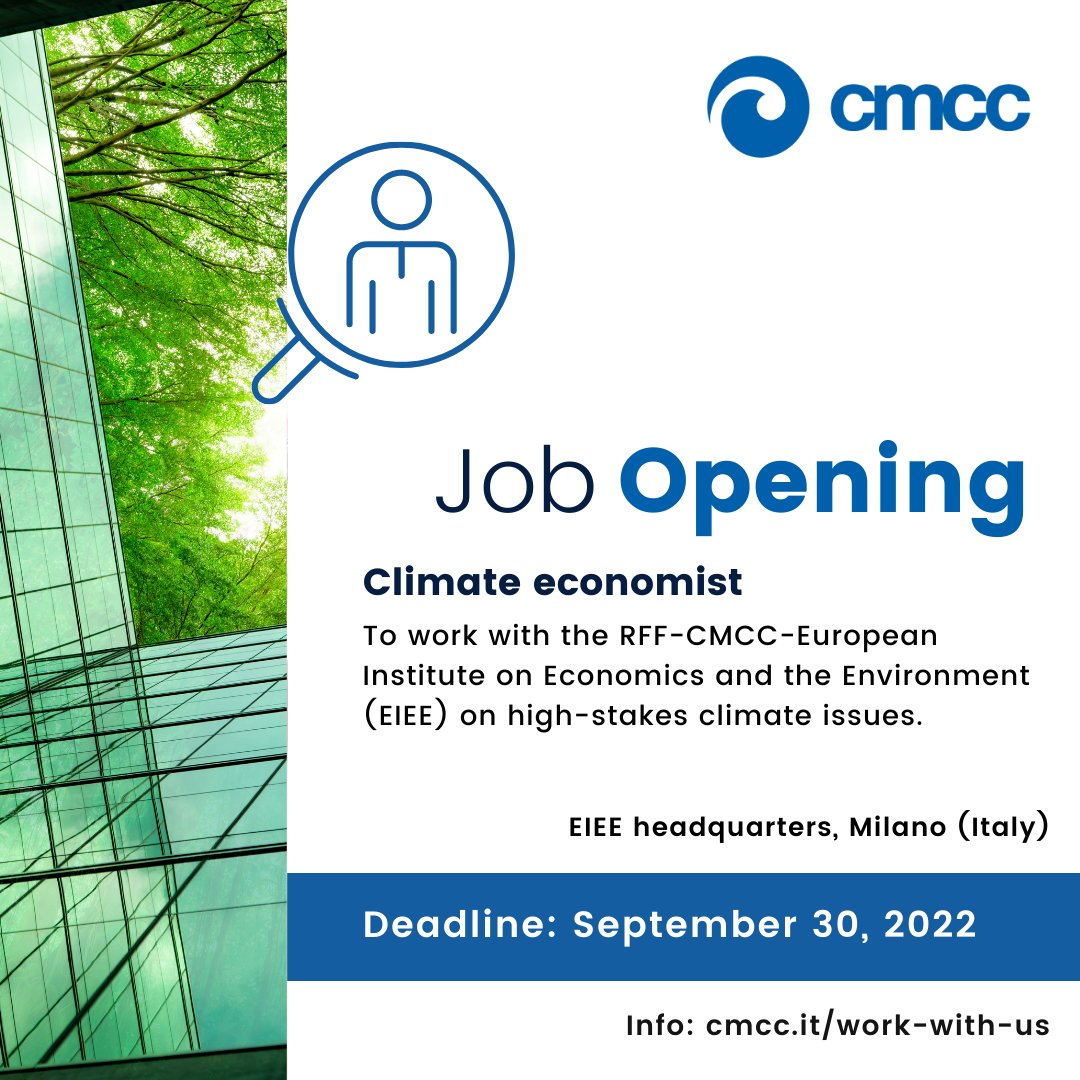 CmccClimate's tweet photo. #WorkWithUS #JobOpportunity 
We are looking for empirical #climateeconomists interested in working on high-stakes climate issues. 
📍 Location: EIEE headquarters in Milan, Italy. 
📆 Application deadline: September 30, 2022
🔎 Info: https://t.co/4NRICtob6K

@EIEEorg https://t.co/VonErOd4ev