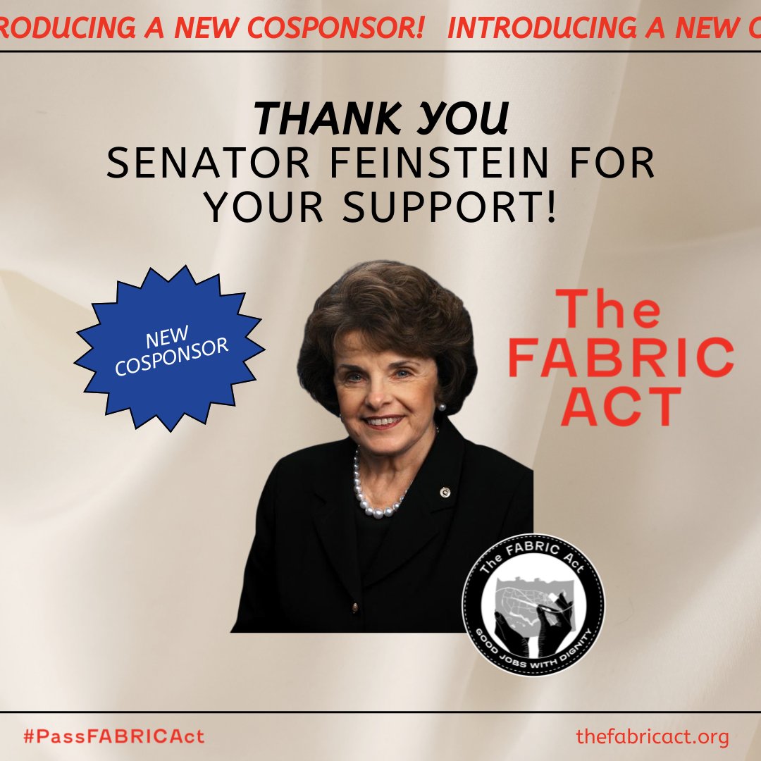 remakeourworld's tweet photo. Thank you U.S. Senator @SenFeinstein for supporting and Cosponsoring the #FabricAct! #California is home to brands, apparel manufacturers, civil society & elected leaders who believe in good jobs & a fair fashion industry. #PassFabricAct 🥳🥳 https://t.co/SPMdBBa8T3