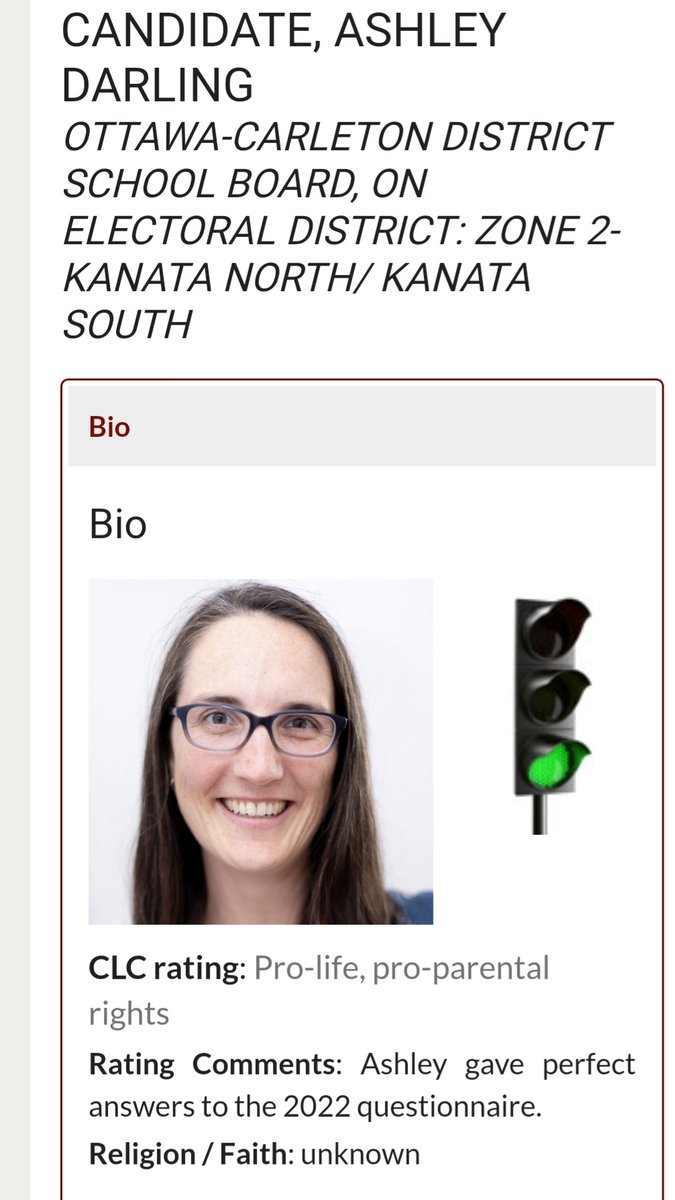 This is a candidate running in Zone 2 for <a href="/OCDSB/">OCDSB</a> trustee in Kanata - Ashley Darling.

Anti-abortion and transphobic, Campaign Life Coalition gives her a perfect score.

Folks need to get out to Kanata and support progressive candidate @Alysha4Zone2:
tinyurl.com/muhvv7ac