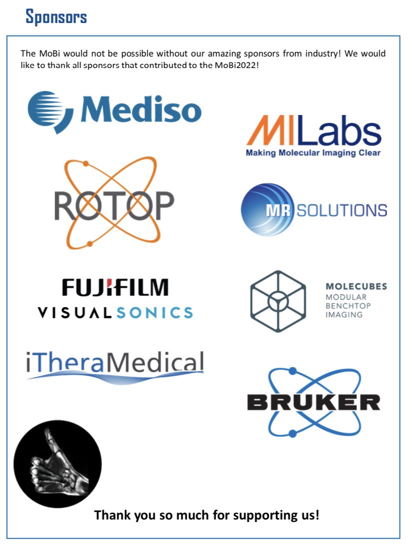 GyMIC_youngESMI's tweet photo. Thank you to all sponsors that contributed to the #MoBi2022 and enabled such an inspiring event!
@MedisoUS @VisualSonics @iTheraMedical @MILabsBV @MRSolutionsUK @molecubes @bruker https://t.co/O73QomsV7d