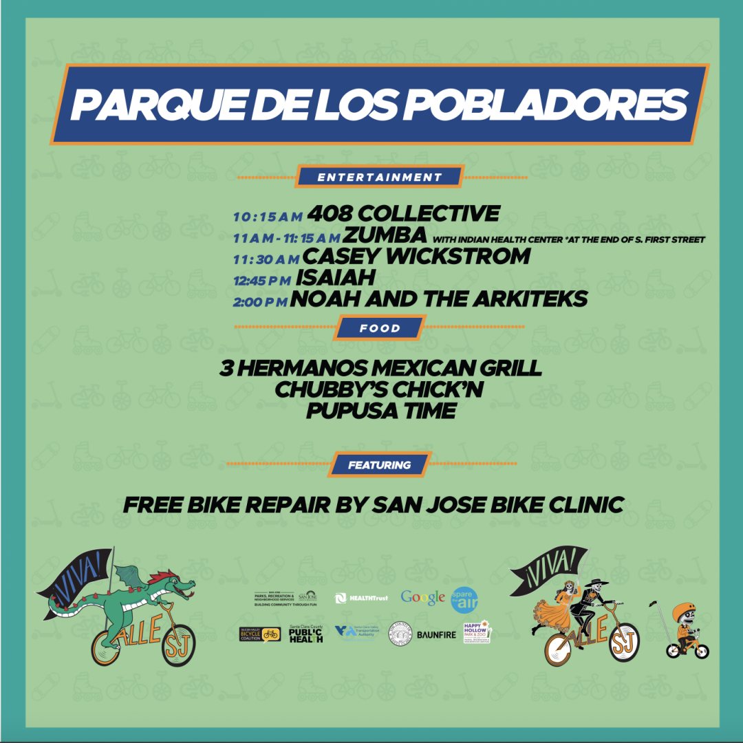 Parque De Los Pobladores Hub Schedule for this Sunday! 

Can you guess which one we'll be releasing next?

#VivaCalleSJ #VCSJ #SanJose #BuildingCommunityThroughFUN