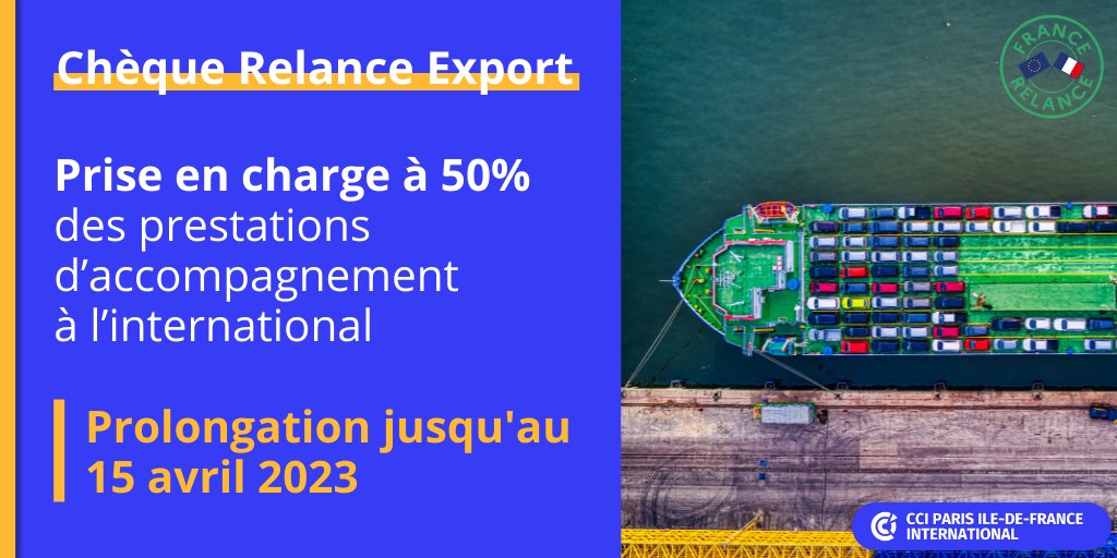 CCIParis_Export's tweet photo. Développez vos activités à l'#international avec le Chèque #RelanceExport, aide publique nationale pour les #PME et #ETI françaises 🇫🇷
Il ne vous reste plus que 3 mois pour candidater !
C'est par ici 👉 https://t.co/dakotb87RY
#FranceRelance https://t.co/9GxVdj48Oz