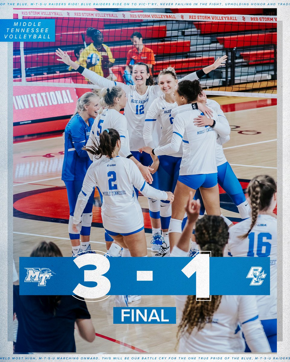 Big W in the Big Apple! 👀🍎

The Blue Raiders earn their first Power-5 win since 2014 after taking down a 10-0 Boston College! Freshman <a href="/adrianarhoda/">adri</a> led the way with a career-high 19 kills to go along with 4 service aces.

#BLUEnited | #TrueBlue