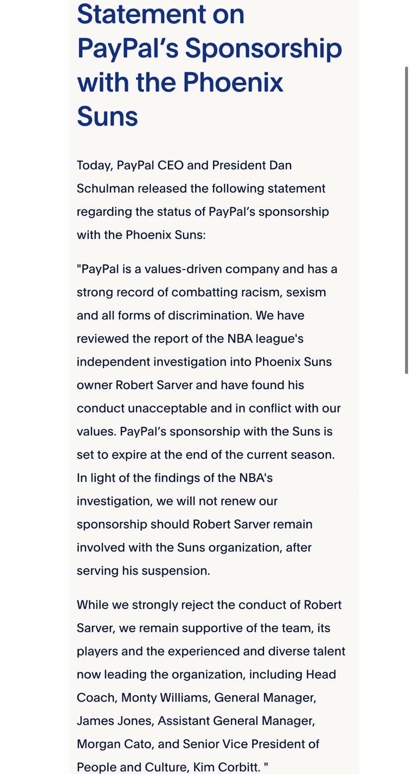 [情報] Paypal 宣布將不會與太陽隊續簽贊助合約