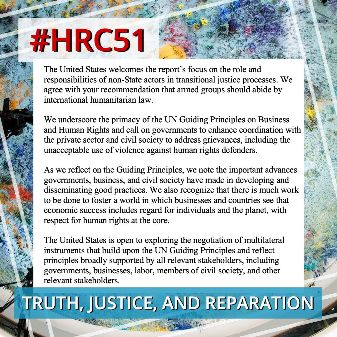 USAmbHRC's tweet photo. We thank @UNSR_truth for his report focused on the responsibilities of non-State actors in transitional justice processes. All stakeholders should follow the UN Guiding Principles on Business and Human Rights, unanimously endorsed by @UN_HRC members in 2011. #SharedAccountability https://t.co/NLO5t7MoqP