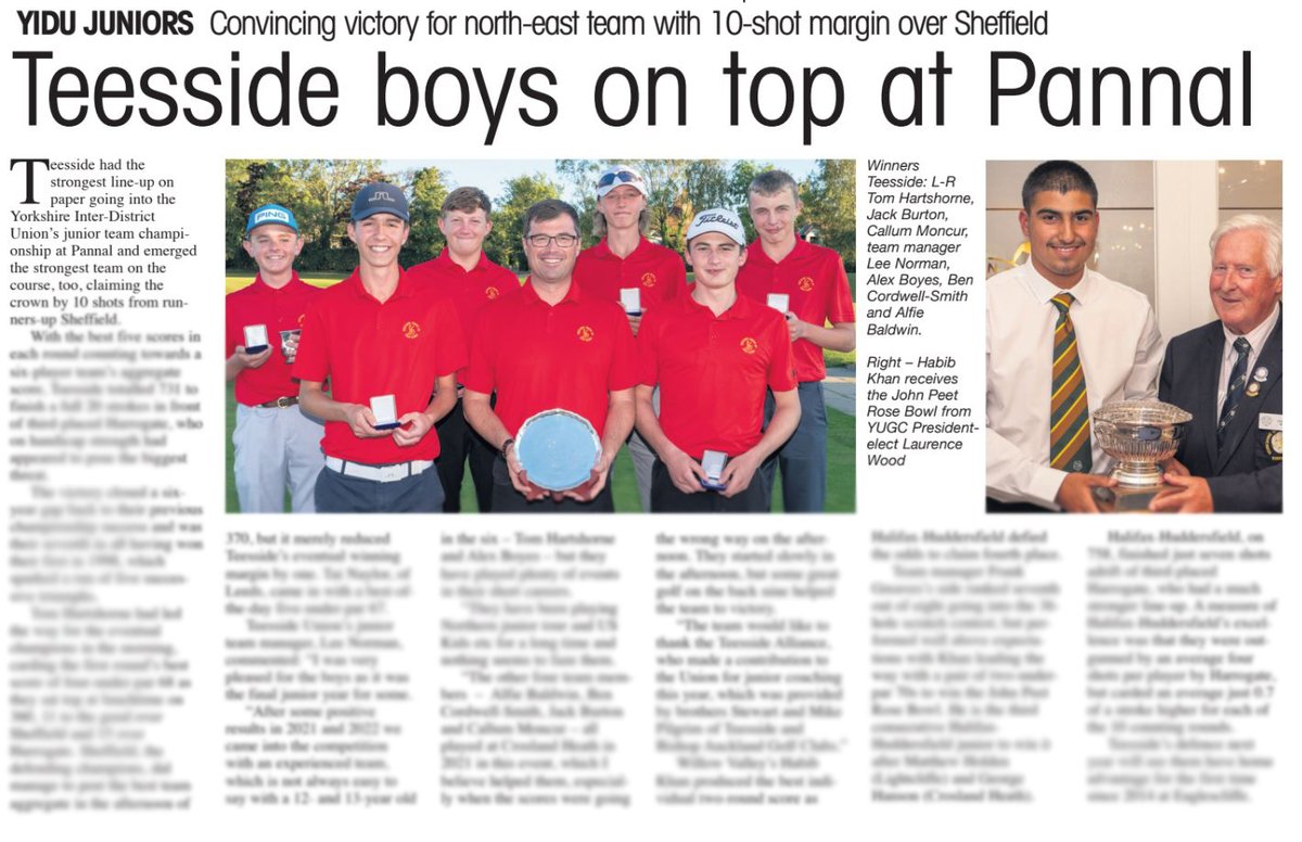 Teesside topped the leaderboard <a href="/pannalgolfclub/">Pannal Golf Club</a> to lift the Yorkshire Inter-District Union junior team championship. Read my report in the September issue of <a href="/YORKSHIREGOLFER/">YORKSHIRE GOLFER MAG</a>, in your clubhouse now. @yugc <a href="/UnionClubs/">Teesside Union Of Golf Clubs</a> <a href="/HuddersfieldGC/">Huddersfield Gc</a>