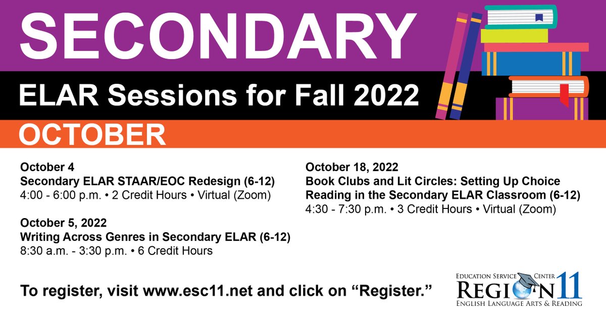 Check out this month's Secondary ELAR professional development. Register @ registration.esc11.net