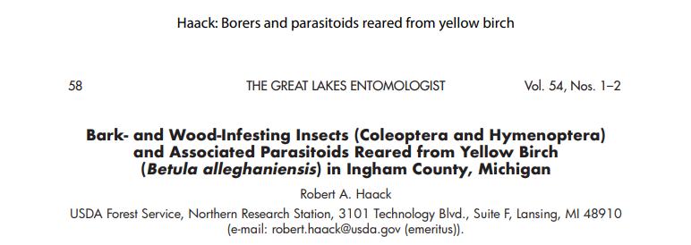 #LiteratureNotice Haack. Bark- and Wood-Infesting Insects (#Coleoptera and #Hymenoptera) and Associated #Parasitoids Reared from Yellow #Birch (Betula alleghaniensis) in Ingham County, #Michigan scholar.valpo.edu/tgle/vol54/iss… #Beetle #Beetles #SaproxylicInsects #Cermabycidae