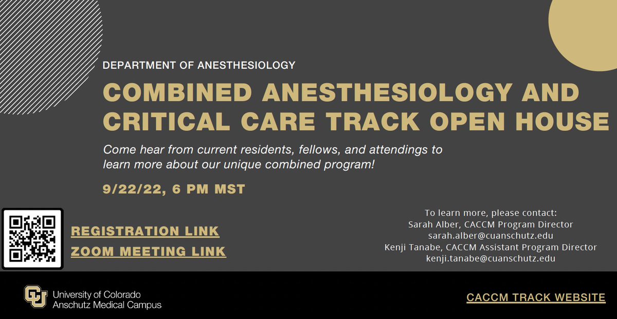 Come learn about the Combined Anesthesiology- Critical Care Combined Residency/ Fellowship at the University of Colorado. September 22nd. Registration info is below! <a href="/FutureAnesRes/">FutureAnesRes</a> <a href="/ASALifeline/">ASA®</a> <a href="/SOCCA_CritCare/">Society of Critical Care Anesthesiologists</a>