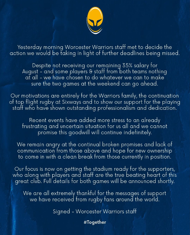 The "powers-that-be" at <a href="/WorcsWarriors/">Worcester Warriors</a> have removed this statement from the club's official account, but we can still make sure it's shared far and wide.

#Together #Worcester #Warriors #WorcesterWarriors
