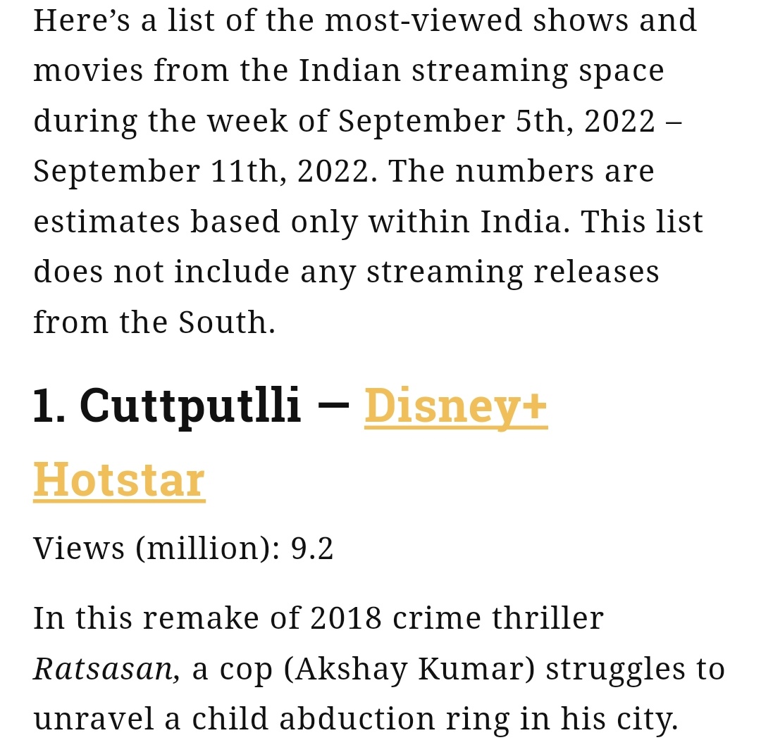 Total views - 8+9.2 = 17.2 M + ( 10 Days ) ☑️

#Cuttputlli #CuttputlliOnHotstar
#AkshayKumar @akshaykumar
@Rakulpreet