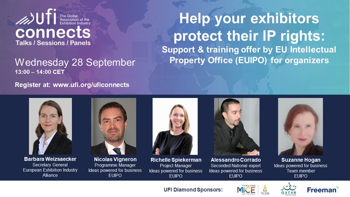 👉 Register now for the next #UFIConnects with <a href="/EU_IPO/">European Union Intellectual Property Office</a>: Help your exhibitors protect their Intellectual Property (IP) rights

 28 September, 1-2 pm CET
 Free, open to everyone

 Link to register: lnkd.in/e6JGTGDG
#eventprofs #exhibitionindustry
