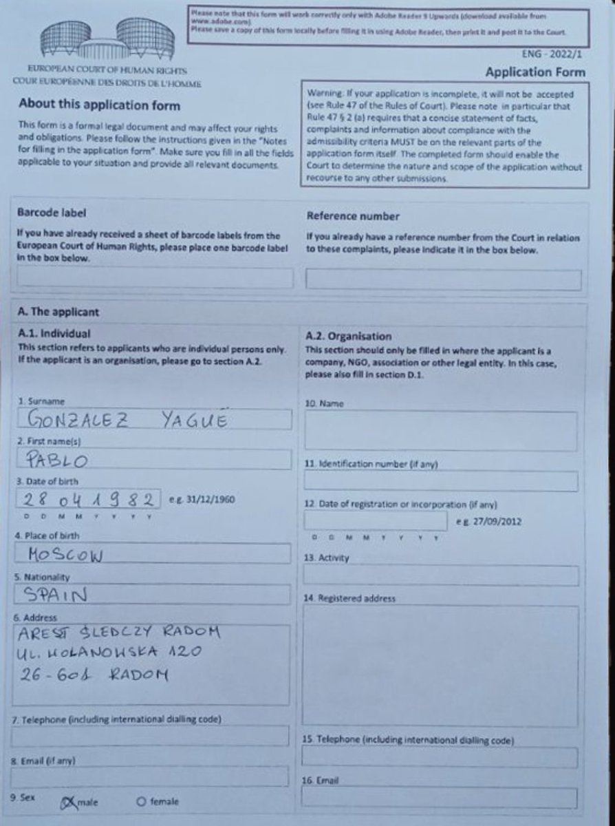 "Yo, Pablo González Yagüe, soy directa y personalmente víctima de una violación de la Convención de Derechos Humanos". Pablo denuncia su situación ante el Tribunal Europeo de Derechos Humanos de Estrasburgo

publico.es/internacional/…