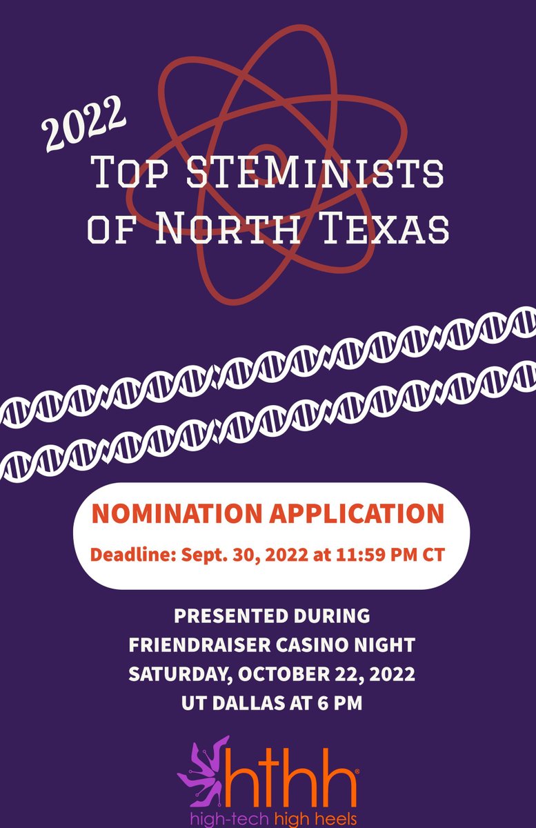 High-Tech High Heels North Texas (@hthh_ntx) on Twitter photo We are honoring the top STEMinists of North Texas for their incredible achievements and impact in STEM.  Please nominate an Individual, Organization, or Emerging Leader who has contributed to increasing the number of young women and girls in STEM. 
 Link: form.jotform.com/222346473142148 We are honoring the top STEMinists of North Texas for their incredible achievements and impact in STEM.  Please nominate an Individual, Organization, or Emerging Leader who has contributed to increasing the number of young women and girls in STEM. 
 Link: form.jotform.com/222346473142148
