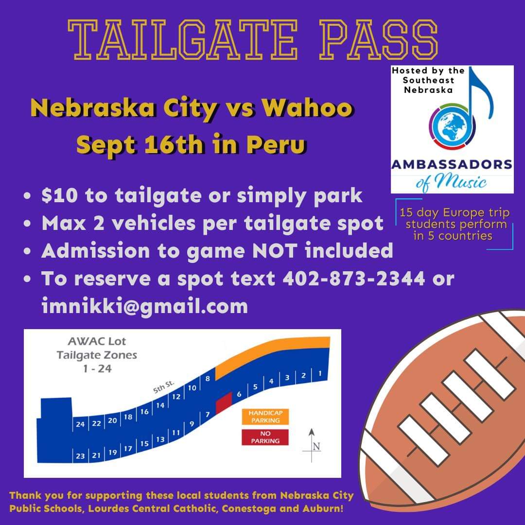 NCPSActivities's tweet photo. Going to Peru tonight for the football game between Nebraska City and Wahoo? Grab yourself some VIP parking! Still spots available. #PiONEerFamily https://t.co/0JderkrqCi