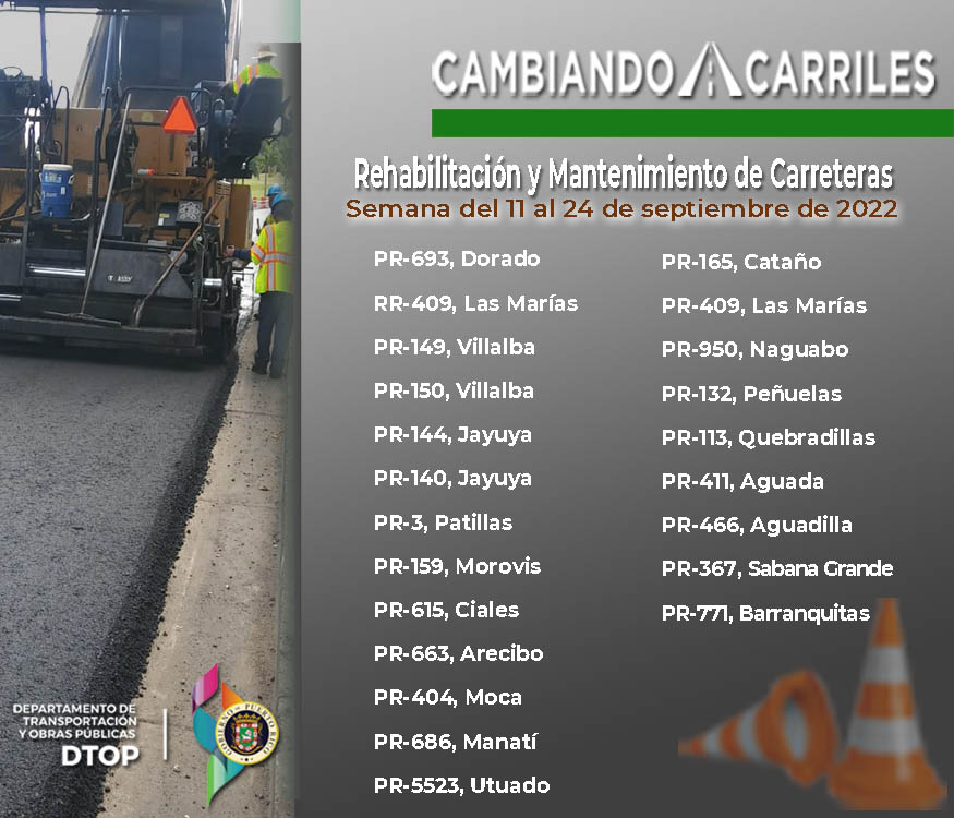 DTOP's tweet photo. [Cambiando Carriles] Continúan los trabajos de #rehabilitación de pavimento en la #PR165, km. 32.4 all 35.7 de Toa Baja hacia Guaynabo como parte del Programa Cambiando Carriles del @DTOP 
Seguimos trabajando en la reconstrucción de la red vial.
@fortalezapr @prsecdtop https://t.co/MrvYcULQVt