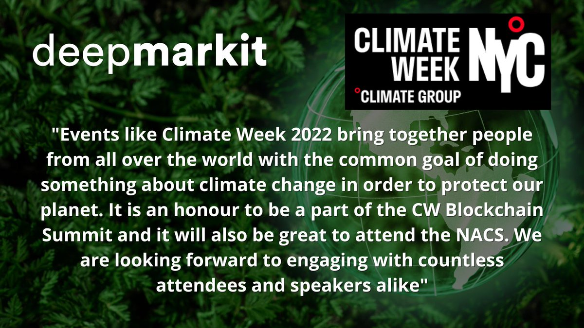 DeepMarkit's tweet photo. DeepMarkit to Co-Host Climate Week Blockchain Summit with Flowcarbon in New York City

The Company will also Attend the North America Climate Summit 2022 Organized by @IETA  from Sept 20-22 During Climate Week in NYC

$MKT.V @weareflowcarbon @ClimateGroup 
https://t.co/ocEj8Br2YH https://t.co/8xcnNyieBH