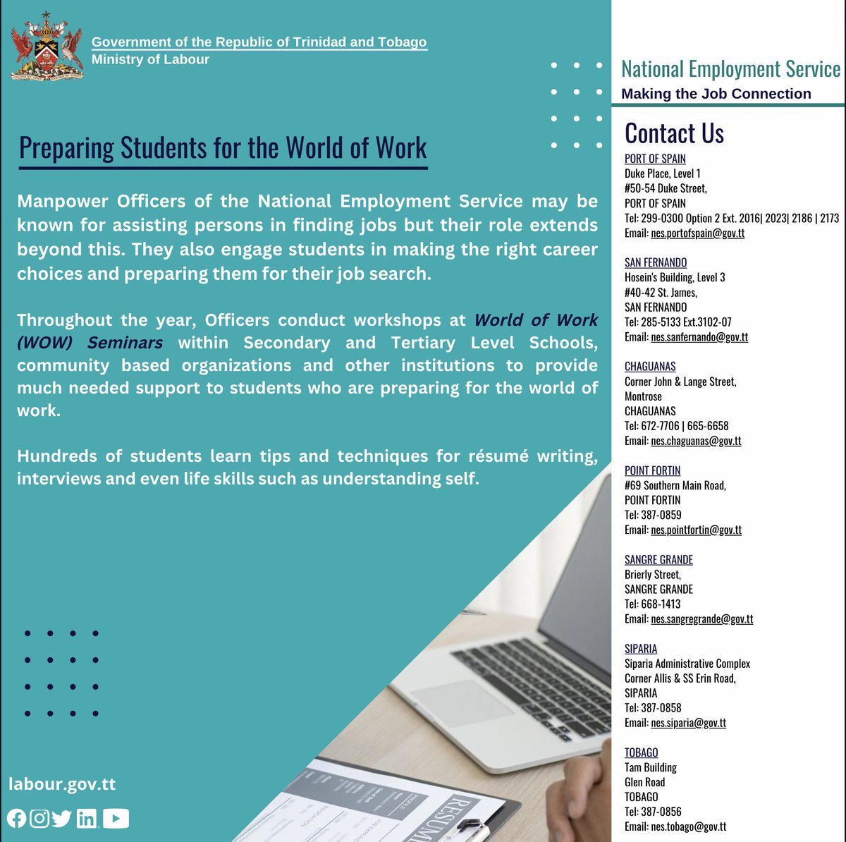 LabourGovTT's tweet photo. Are you choosing subjects for CSEC or applying for your first job? These decisions can be difficult. For this reason, the Manpower Officers of the National Employment Service are here to assist through their World of Work Seminars. Learn more from today's post:
#ManpowerMonday https://t.co/ye0TbbYPpY