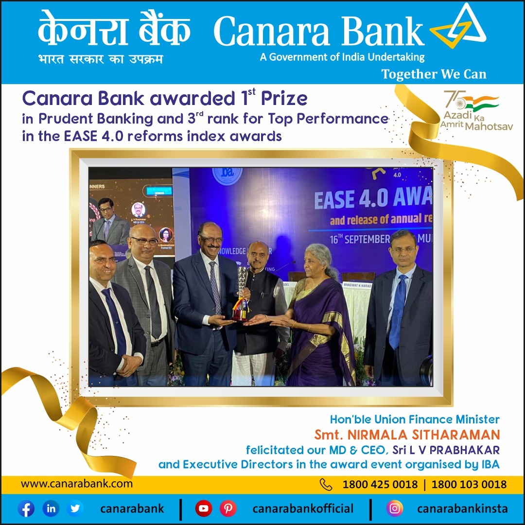 canarabank's tweet photo. Hon'ble Union Finance Minister Smt. Nirmala Sitharaman felicitated our MD &amp; CEO, Sri L V Prabhakar and Executive Directors under the prestigious EASE Reforms Award 2022 event organised by IBA

@PMOIndia @FinMinIndia @DFS_India @PIB_India #EASE https://t.co/Vr2zFwBB3l