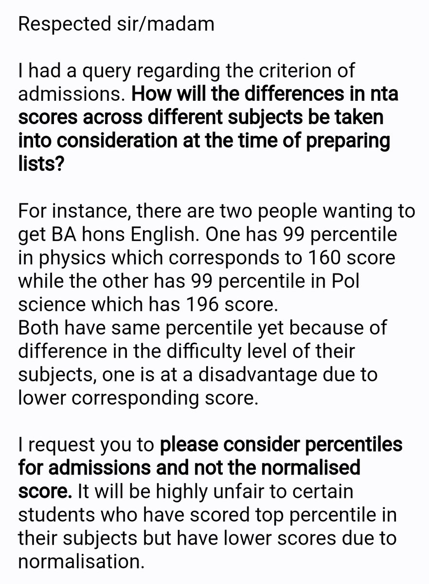 shivika2802's tweet photo. Please consider percentiles and not normalised score for preparing merit list 🙏
@UnivofDelhi @ugc_india 
#DUadmission2022 #delhiuniversity https://t.co/U4UCVKRAtH