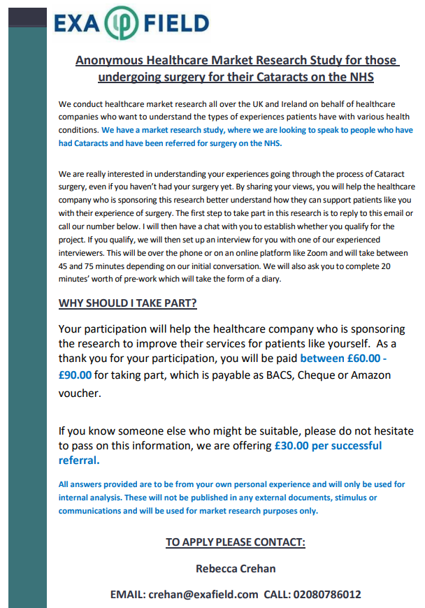 [£30.00 per successful referral - 30 spaces available]
Looking to speak to those living with Cataract to take part in a paid discussion. Please feel welcome to share with anyone you may know suitable / interested. 
#cataract #cataractsurgery #NHS #marketresearch #share