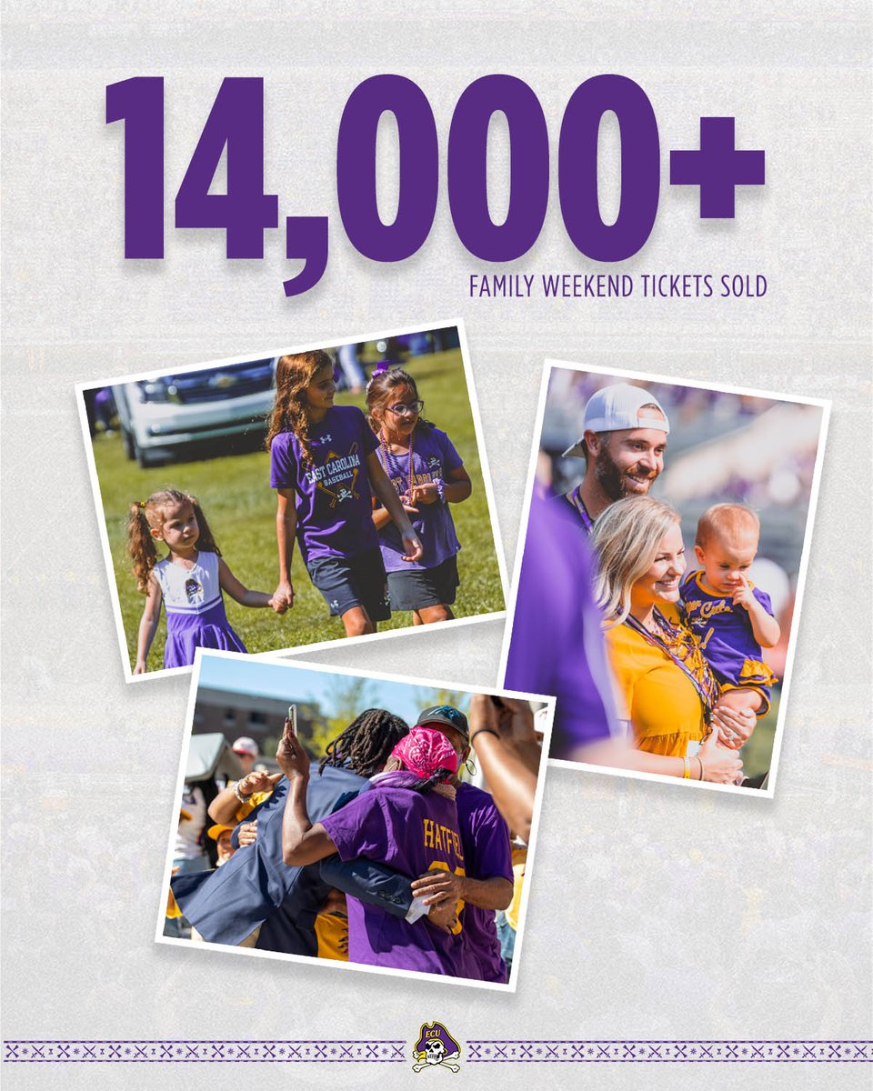 Thank you to the 14,000+ Pirate fans who bought Family Weekend tickets for this weekend's game against Campbell. 

We can't wait to rock Dowdy-Ficklen with the best fans in the nation 💜💛

Get your tickets if you haven't already 🎟️ bit.ly/3DvI8aM