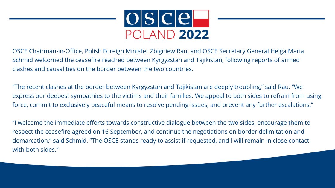 PLinOSCE's tweet photo. OSCE Chairman-in-Office, FM @RauZbigniew and OSCE Secretary General @HelgaSchmid_SG welcome ceasefire and call for continued de-escalation along the Kyrgyzstan-Tajikistan border.

➡️https://t.co/vYnwulEENB https://t.co/9Zwz8WH1Jn