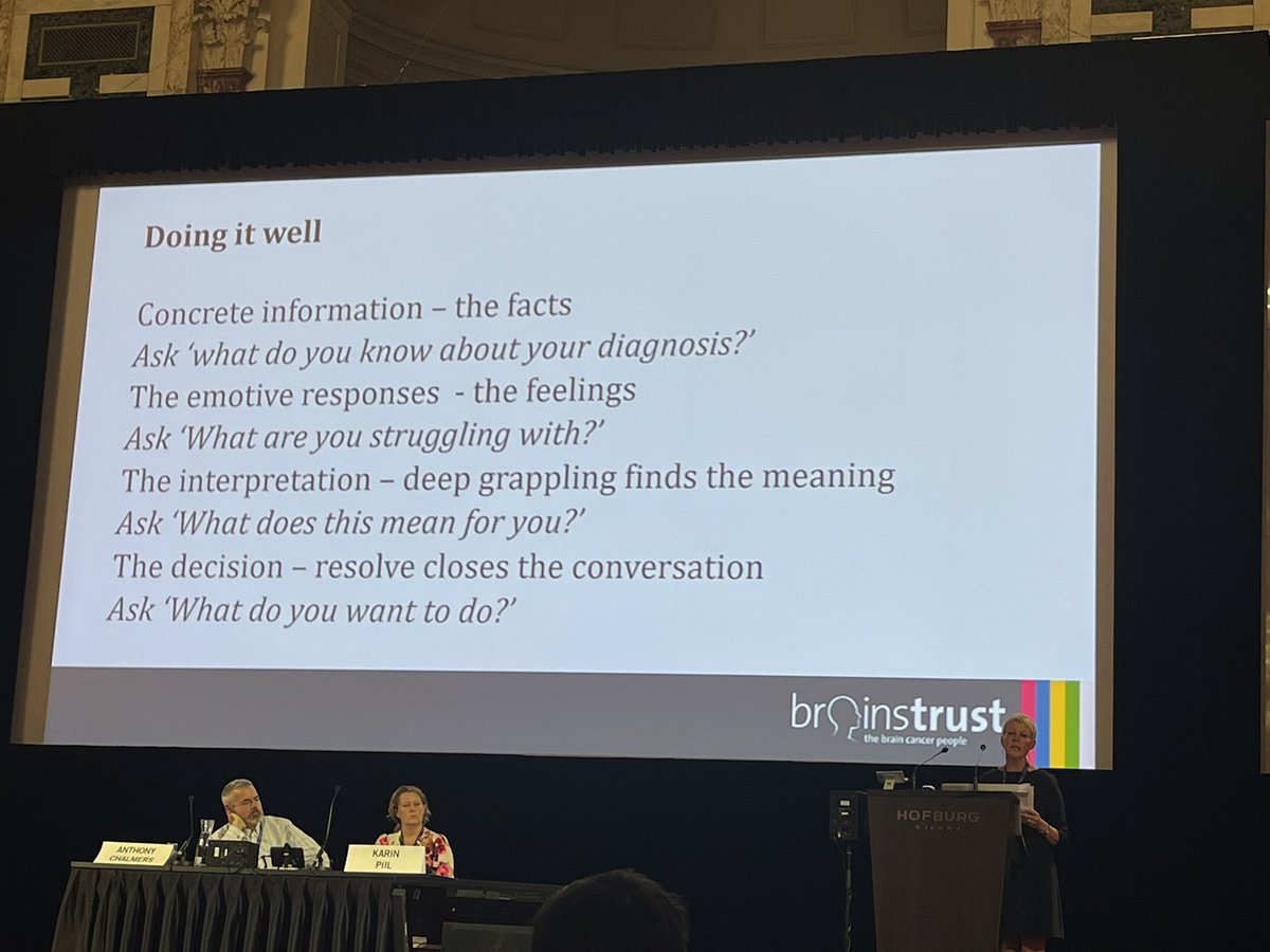 ‘What are you struggling with the most?’ - a key question clinicians must ask patients! As always a fantastic talk by <a href="/bulbeckhelen/">Helen Bulbeck</a> about how to improve the complex communication space between clinicians and patients/carers. #EANO2022 🧠
