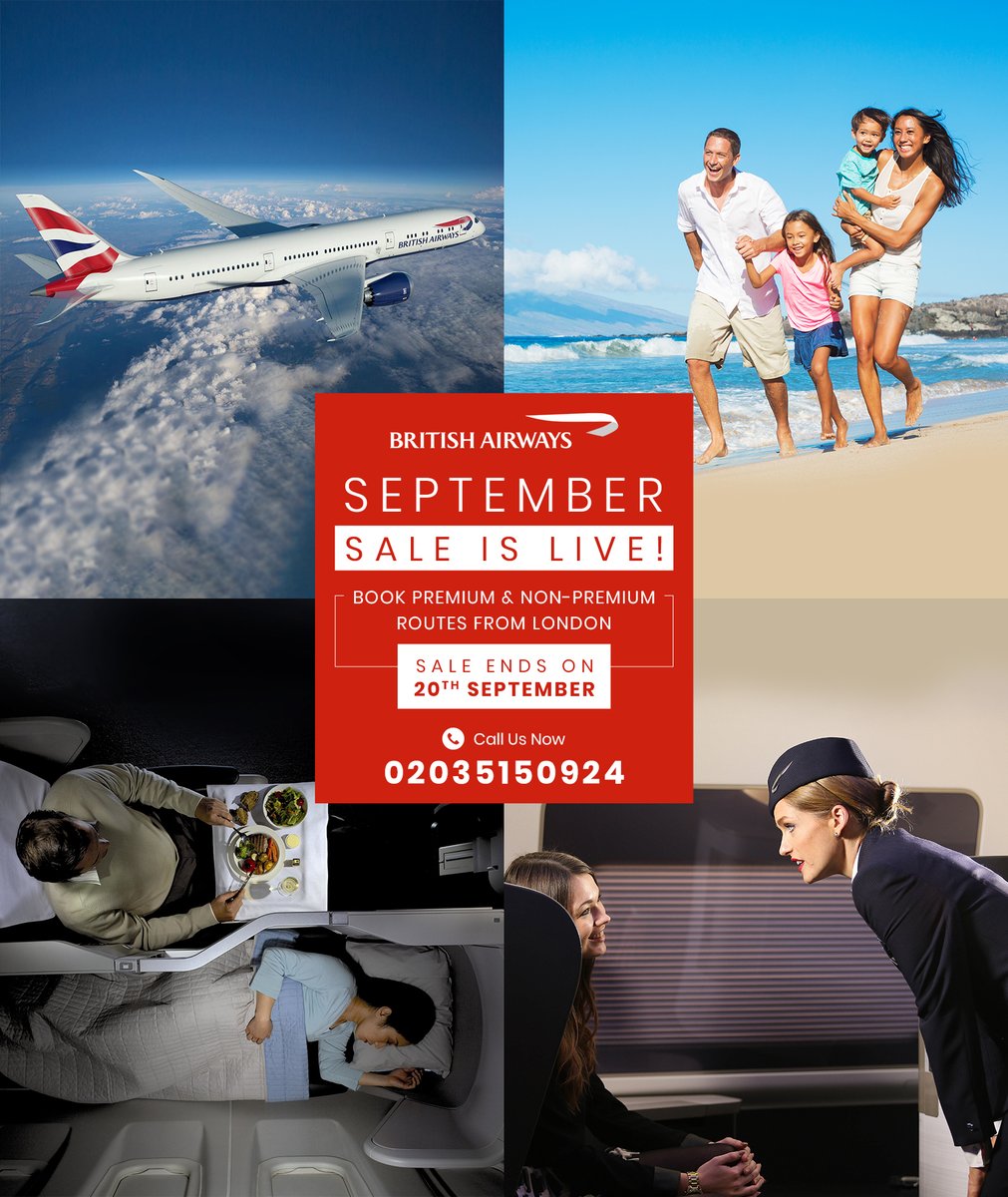 CrystalTravel's tweet photo. The British Airways’ September Sale Ending Soon!  
It is your last chance to take advantage and reserve your seats with the lowest inclusive fares to destinations around the globe. Hurry up! Book your flight tickets now!
.
.
.
#BASale #britishairways #BAflights #SeptSale https://t.co/6hxIl5K1n5