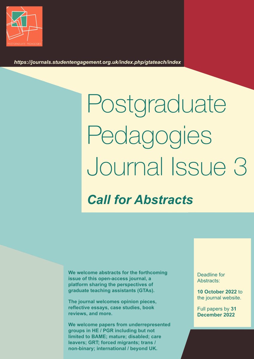Kristy Campbell (@kristycampy) on Twitter photo Graduate Teaching Assistants! Abstracts accepted until 10th Oct 2022! <a href="/PGPedagogies/">Postgraduate Pedagogies Journal</a>
#article #journal #earlycareerresearchers Graduate Teaching Assistants! Abstracts accepted until 10th Oct 2022! <a href="/PGPedagogies/">Postgraduate Pedagogies Journal</a>
#article #journal #earlycareerresearchers