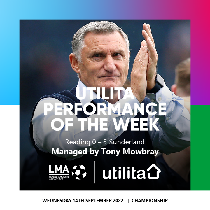 𝗨𝘁𝗶𝗹𝗶𝘁𝗮 𝗣𝗲𝗿𝗳𝗼𝗿𝗺𝗮𝗻𝗰𝗲 𝗼𝗳 𝘁𝗵𝗲 𝗪𝗲𝗲𝗸 🏆 Congratulations to @SunderlandAFC boss Tony Mowbray on winning the ‘Utilita Performance of the Week’ award for his side’s 3-0 victory against Reading 👏 Voted by @LMA_Managers #SAFC