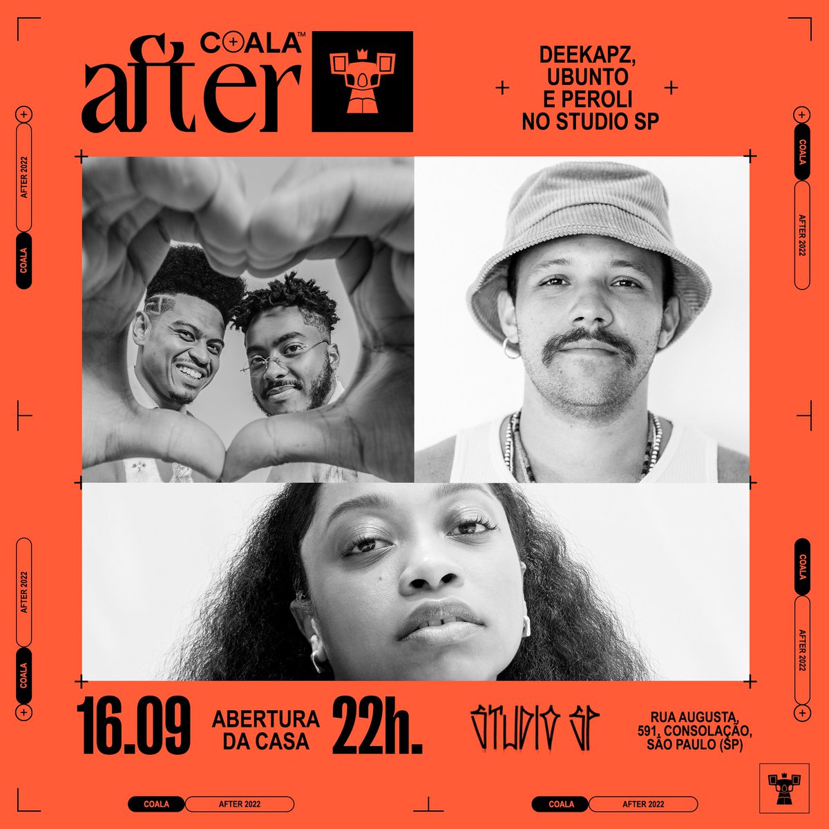 Tá sabendo que hoje tem after do <a href="/CoalaFestival/">Coala Festival</a> no #StudioSP? Vamos espalhar a mensagem rs

<a href="/bydeekapz/">Deekapz</a> + <a href="/peroli_/">peroli</a> + #ubunto

🎫 Quem tem ingresso do festival entrada de graça, quem quer curtir só a festa pode comprar no studiospaugusta.com ou na porta. Bora? 🎶🎶🎶