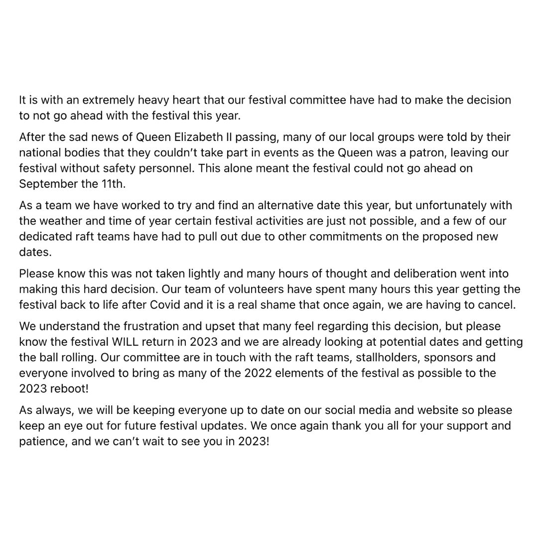 It is with an extremely heavy heart that our festival committee have had to make the decision to not go ahead with the festival this year.

Please read the full statement below.