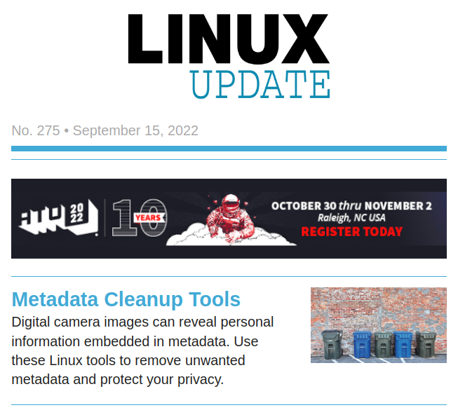 Check out the latest news and technical articles from this week's Linux Update newsletter. Subscribe free to get it every Thursday! mailchi.mp/linux-magazine… #Linux #metadata #Fedora #Salix #RISCV #GarudaLinux #Golang #eReader #OpenSource #FOSS #jobs #events #OSJobHub