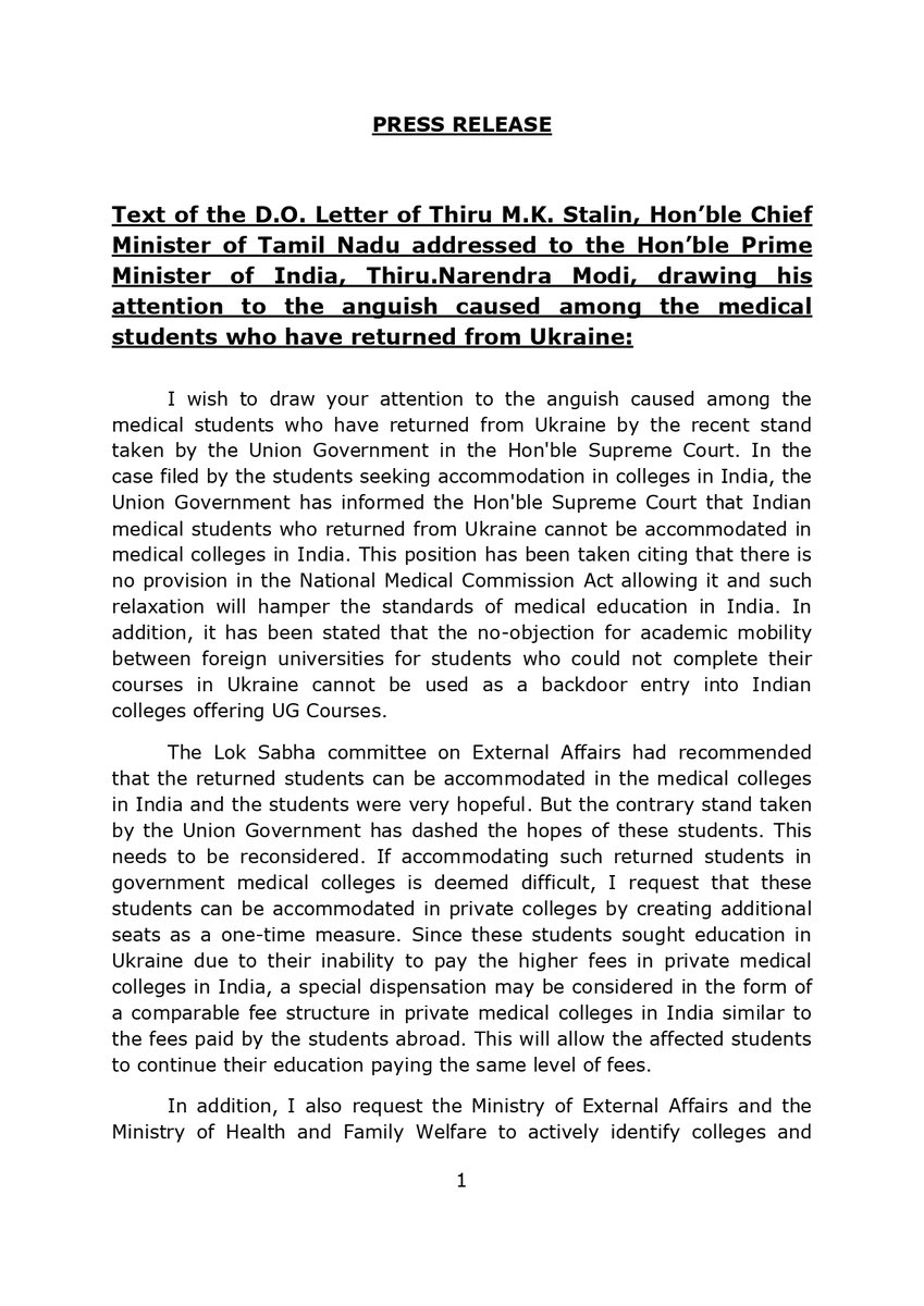 mkstalin's tweet photo. I urge Hon.@PMOIndia to intervene to accommodate our Ukraine returnee medical students in Indian private colleges as per the recommendation of the LS Committee on External Affairs or devise a framework to identify suitable colleges/univs abroad &amp; centrally coordinate the process. https://t.co/8CBzlr0iio