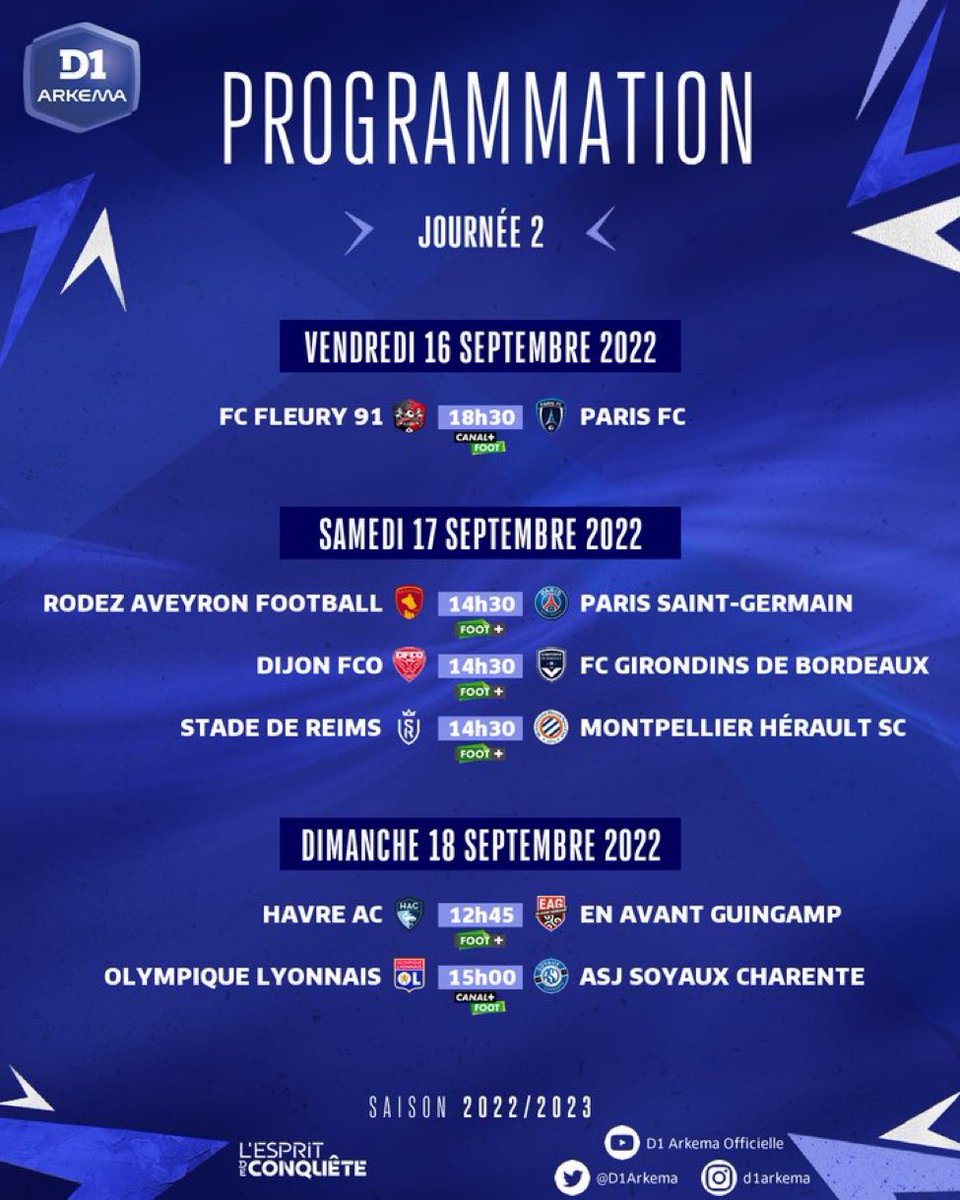 #D1Arkema It’s matchweek number 2 !

An interesting derby will be played in a few minutes between Fleury and Paris FC

Olympique Lyon will close it with the reception of Soyaux.