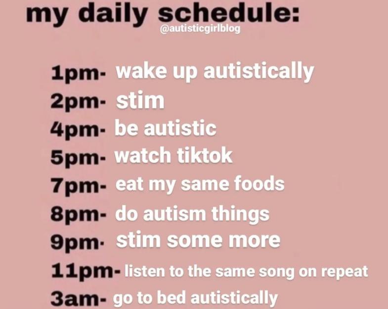 MakeUpAnAutist's tweet photo. An autistic who follows the autism schedule https://t.co/TZFdxVP9Is