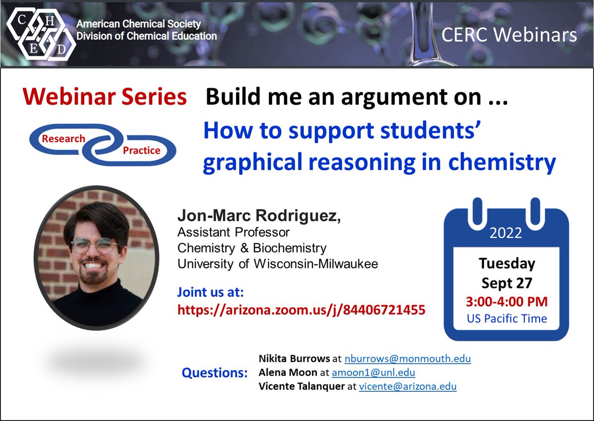 Please, join us for the first DivCHED-CERC Webinar of a new series dedicated to connecting research to practice. Tuesday September 27 at 3 PM (PST) at  arizona.zoom.us/j/84406721455. Share this information with anyone interested in chemistry education.