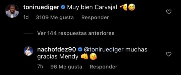 La respuesta de Nacho Fernández a Rüdiger. 

No puede ser. 🤣😂