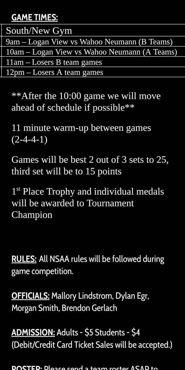 CoachKriv's tweet photo. Information for the JH volleyball tournament at Raymond Central this weekend. https://t.co/cDXvHJfJ0W