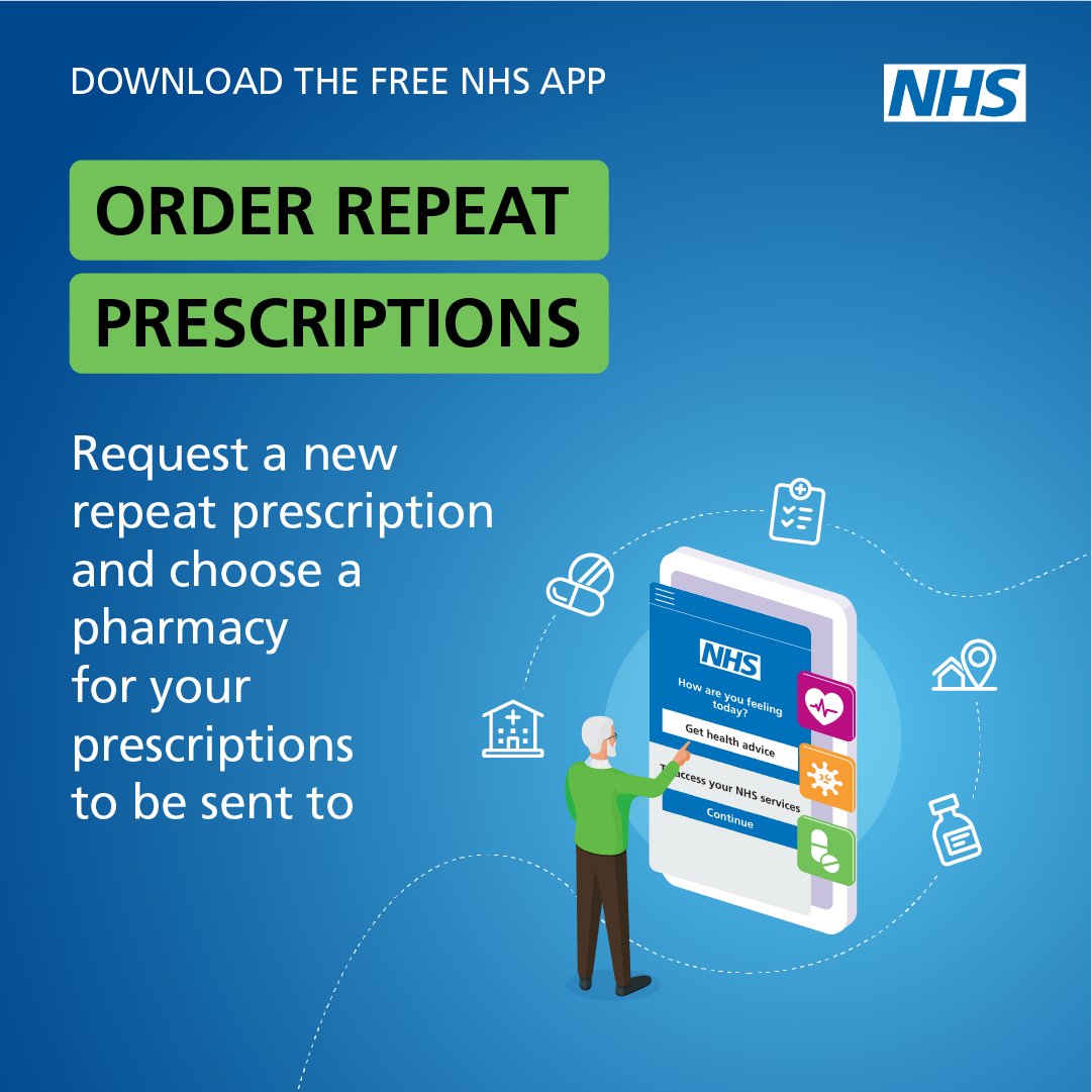 DHSCgovuk's tweet photo. Order repeat prescriptions on the NHS App 📱

You can request your medicine when you need it without having to see a GP until your next medicine review.

More info: https://t.co/dMw4SZxGPl https://t.co/3uBk53TwFT