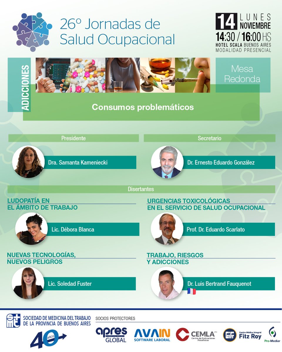 ¡Cada vez estamos más cerca!

Seguimos compartiendo detalles de las mesas y los planteles profesionales que conformarán nuestras 26º JSO.

Inscripciones: eventbrite.com.ar/e/26-jornadas-…

El equipo de la SMTBA

#26JSO #SMTBA #Saludocupacional #medicinadeltrabajo #medicodeltrabajo