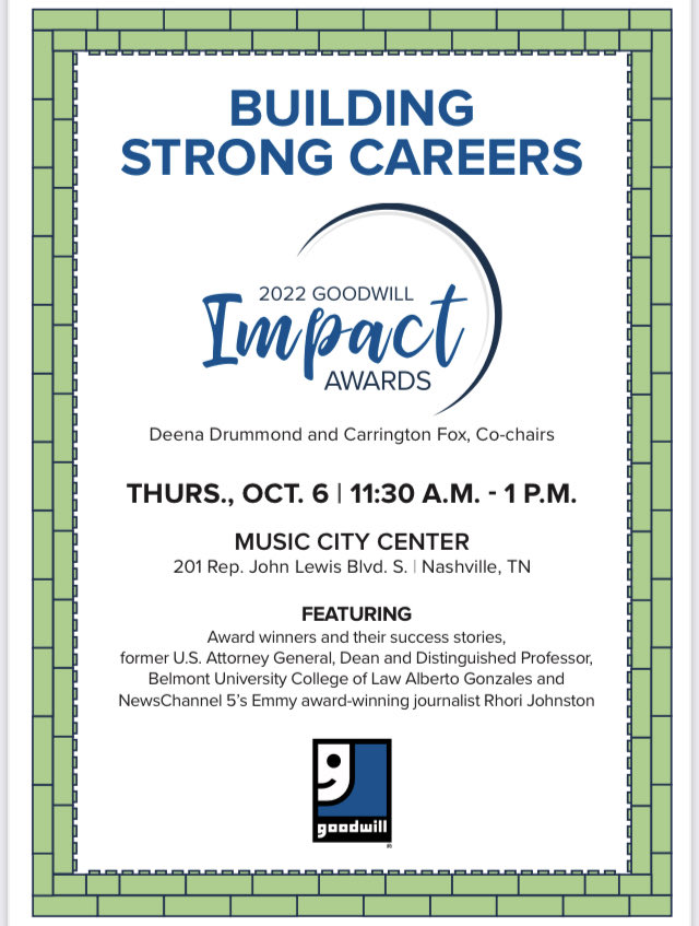 Join me for Oct. 6 Goodwill Impact Awards at ⁦@musiccitycenter⁩ … Building Strong Career! @BethAlex3⁩ ⁦@NC5_RJohnston⁩ ⁦@lvbraam⁩ ⁦@Ms_Cheap⁩ ⁦@BelmontUniv⁩