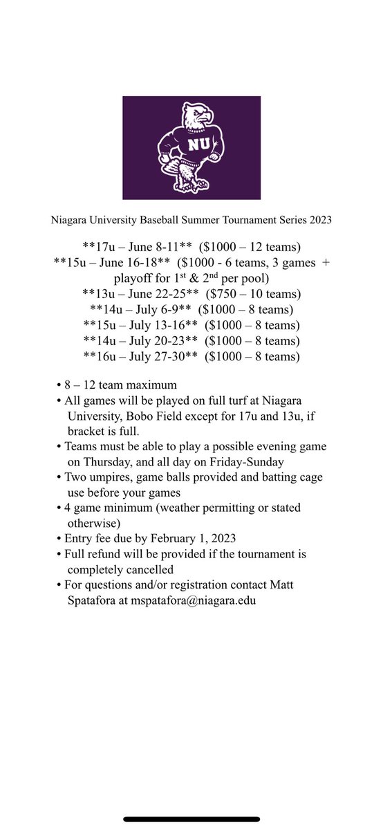 🚨Niagara University Baseball is pleased to announce our Summer Tournament Series dates for 2023. For registration or inquiries, please email Matt Spatafora at mspatafora@niagara.edu. 🚨⚾️🔥