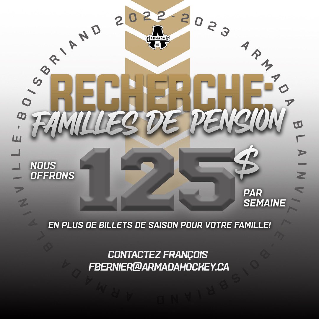 RECHERCHE: FAMILLES DE PENSION 👨‍👩‍👦‍👦

L’Armada de Blainville-Boisbriand est à la recherche nouvelles familles de pension.

Si l’opportunité vous intéresse, contactez François Bernier par courriel au fbernier@armadahockey.ca.

#BleedBlack
