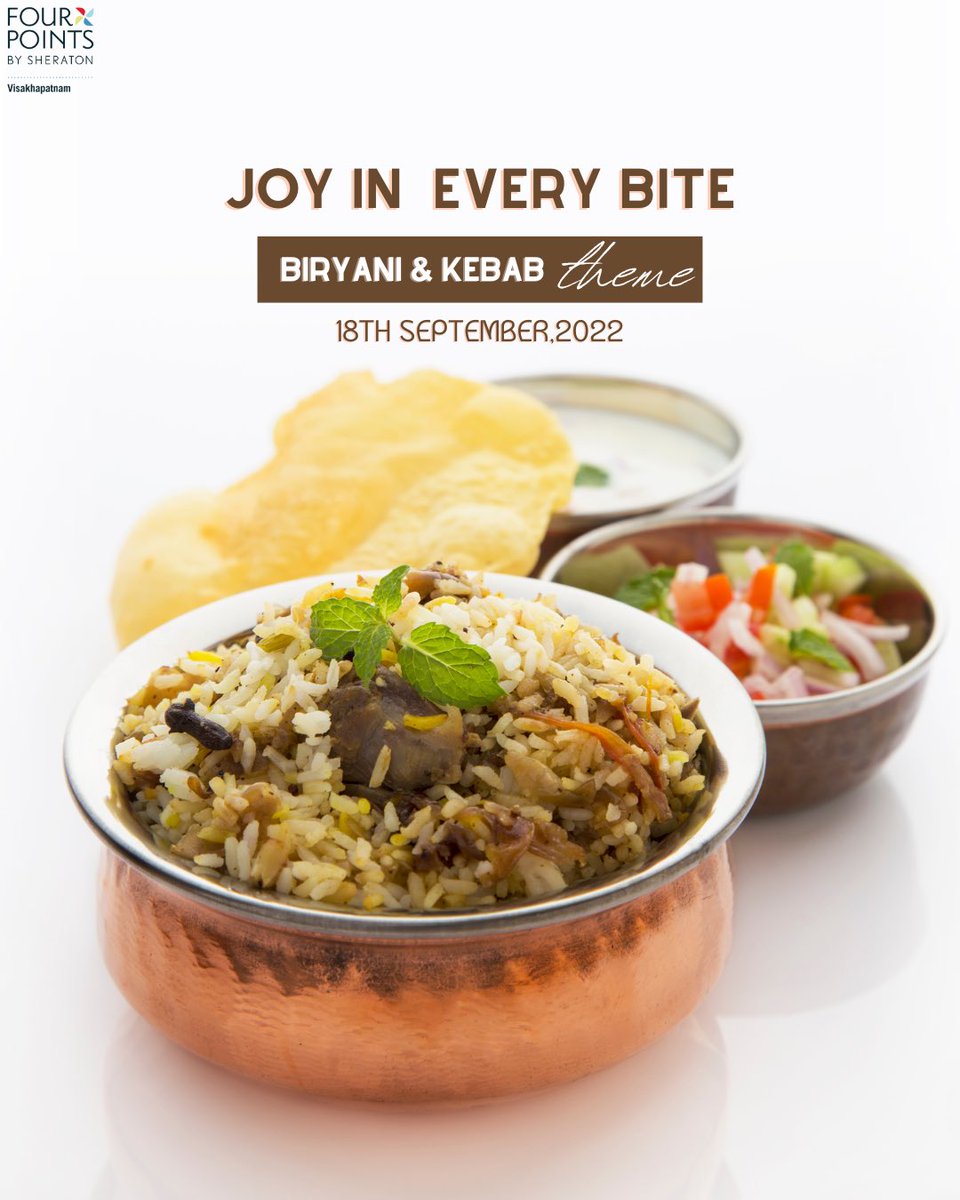 FPBSVizag's tweet photo. Stay tuned to experience one of the best feast in your very own City Of Destiny! 🌊

Ready for some aromatic dish? 😮‍💨

.
.
.
#BiryaniLovers #FourPointsSheraton #VisakhapatnamDiaries #AndhraPradesh https://t.co/yQdR50gYP7