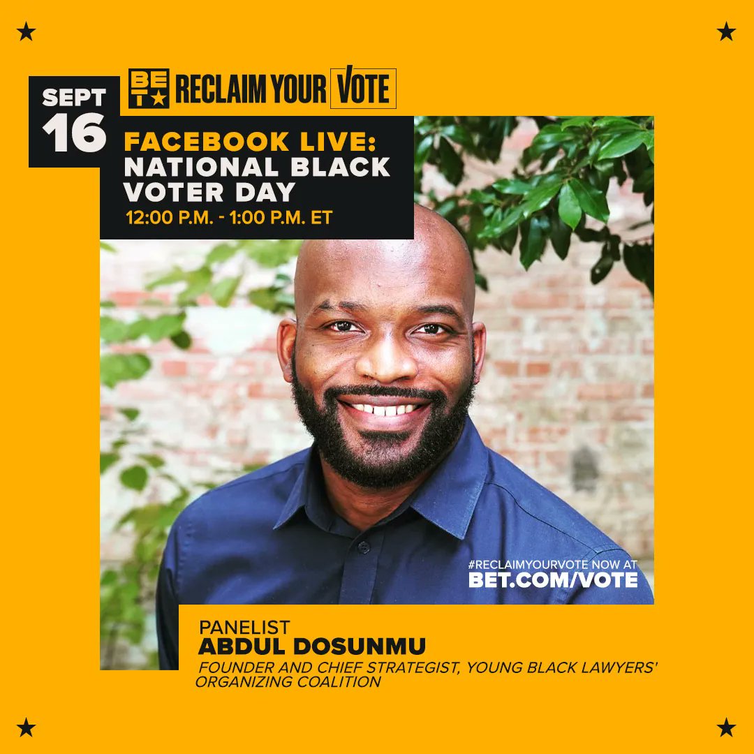 Join us on FACEBOOK LIVE at 12ET for #NationalBlackVotersDay! Presented by <a href="/BET/">BET</a> and <a href="/NatUrbanLeague/">National Urban League</a>, here's who is on the panel:

Marc Morial, National Urban League
Abdul Dosunmu, Young Black Lawyers' Organizing Coalition
David Clunie, Black Economic Alliance