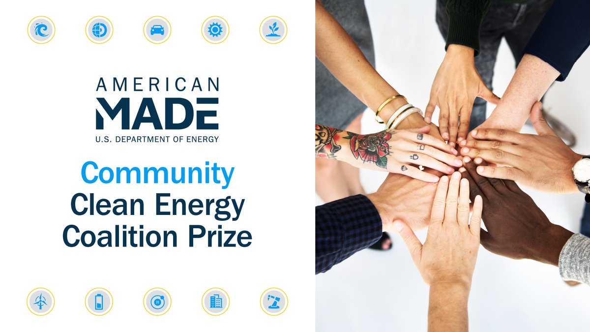 AMCprizes's tweet photo. Big news: @ENERGY’s new #CommunityCleanEnergyCoalition Prize is offering $1.5M to community coalitions creating innovative ways to execute the #Justice40 Initiative. Identify an energy challenge or inequity, form a coalition, &amp; start strategizing. Details: https://t.co/s9Z34CfhxX https://t.co/RV6alz9brR