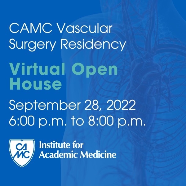 CAMCMedicineGME's tweet photo. The CAMC Vascular Surgery residency program will be hosting a VIRTUAL Open House on September 28 at 6:00 p.m. To join the Zoom meeting, click here: https://t.co/lcEEXae7jZ https://t.co/DPHKstl6LQ