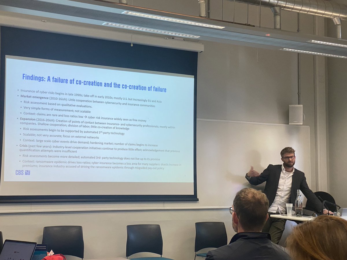GamerdingerA's tweet photo. Exciting panel on securing finance @FinSocNet conference with @OleWillers presenting his and @LenSeabrooke’s work on cyber risk insurance and how cyber underwriting is largely driven by future market expectations and only limited quantification practice. https://t.co/EYlA3nfKca
